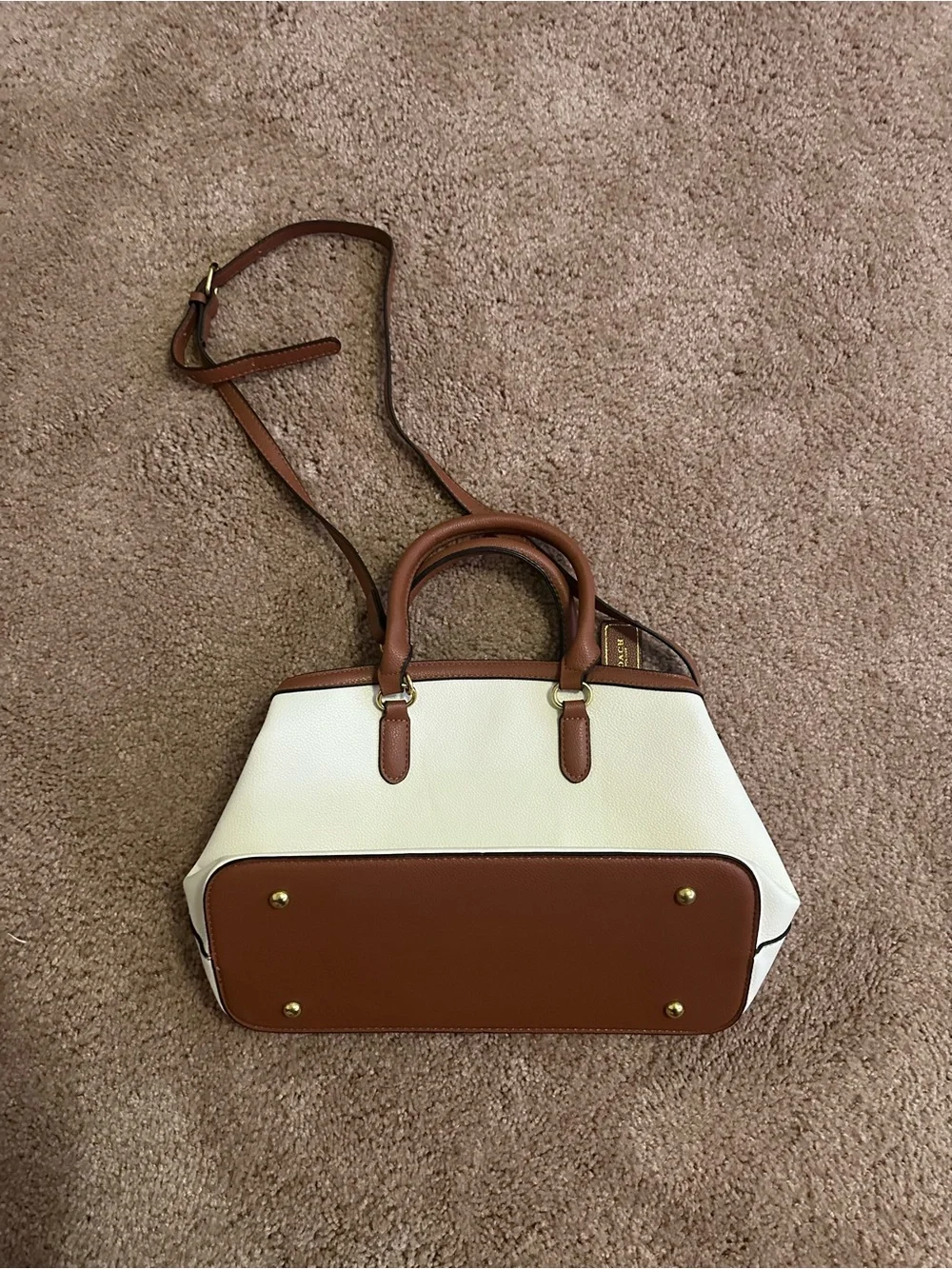 Coach White Pebbled Leather Satchel with Brown Trim and Strap